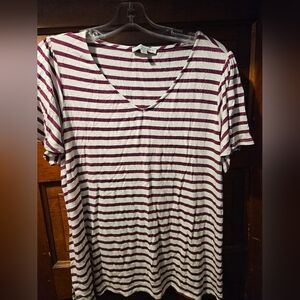 Green Envelope White and Burgundy Striped V-Neck Top With Flutter Sleeves